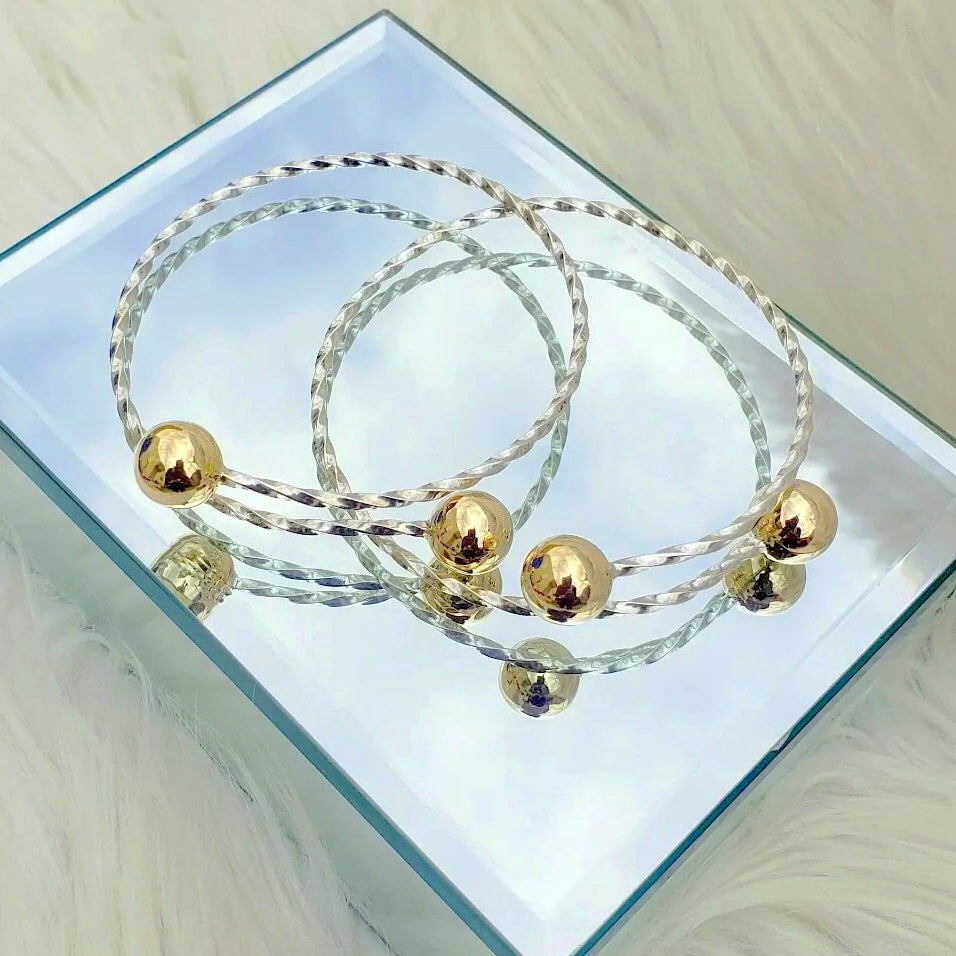 Large  Adult Silver  Bangles w/ Gold Knobs
